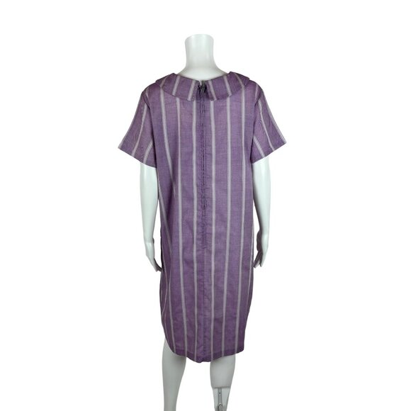 Vintage 60s Striped Dress Women's Extra Large Purple Peter Pan Bow Collar Shift - Picture 9 of 9